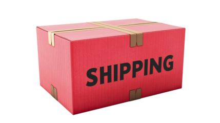 Red shipping box with tape isolated object on transparent background. Cardboard delivery package for transportation service, distribution from warehouse. Business logistics