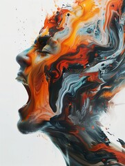 an artistic painting with orange and black paint on it's body