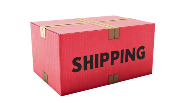 Red shipping box with tape isolated object on transparent background. Cardboard delivery package for transportation service, distribution from warehouse. Business logistics