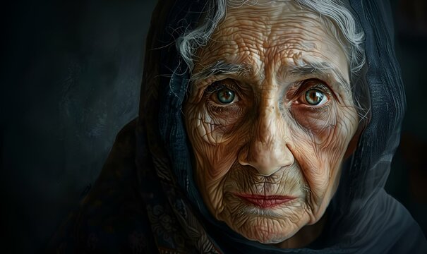 an old woman with dark shawl looking to the right
