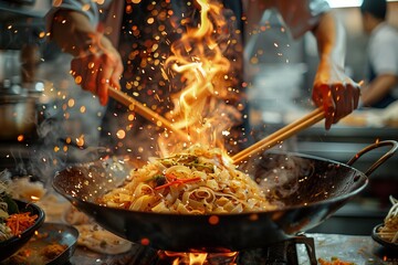 A local chef masterfully stir-frying a traditional Pad Thai in a well-worn wok - obrazy, fototapety, plakaty