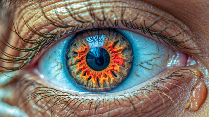 AI generated illustration of a close-up of a colorful, enlarged eye