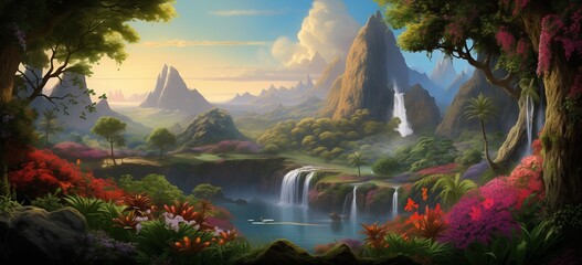 a painting of a river and mountains with lots of flowers
