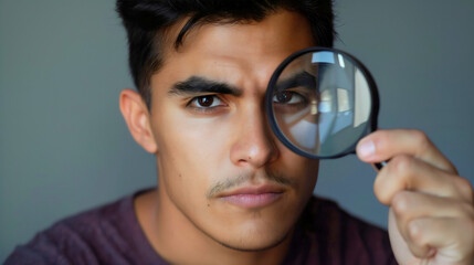 Closeup of young man holding a magnifying glass or loupe magnifier, looking at camera. Detective spy research and discovery concept, investigate analysis. 