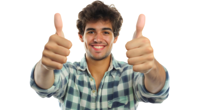 Happy positive young man with his thumbs up smiling, like sign. Good hand gesture, studio portrait, okay and trust concept for successful businessman. Approval or agreement, yes,transparent background