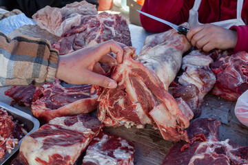 Raw chopped meat ready for sale in local farmers market - 784358427