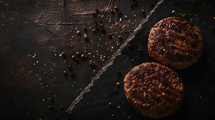 cooked hamburger meat on a dark background, top view - obrazy, fototapety, plakaty