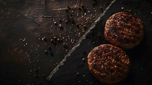 cooked hamburger meat on a dark background, top view