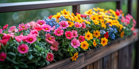 Fototapeta na wymiar Flowerbox with colorful spring flowers on the terrace railing