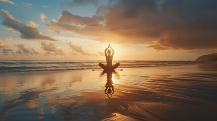 AI generated illustration of yoga serenity, someone practicing yoga on a peaceful beach - obrazy, fototapety, plakaty