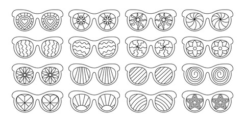 Set groovy sunglasses in a fashionable retro style of the 70s. Fashionable Y2k hippie glasses in monochrome linear retro style.