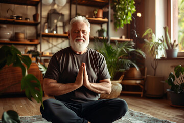 Fototapeta premium Health and relaxation with senior man with gray hair meditating in a peaceful home environment, surrounded by greenery.