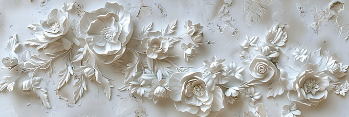 Light decorative texture of plaster wall with volumetric decorative flowers. - obrazy, fototapety, plakaty