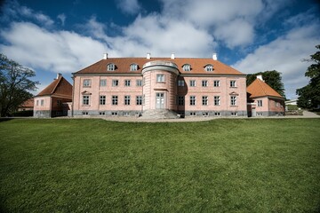 Scene of the Moesgaard Museum with a beautiful yard in the daytime in Aarhus, Denmark
