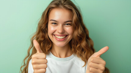 Happy positive young woman with her thumbs up smiling at camera, like sign. Good hand gesture, studio portrait, okay and trust concept for successful businessman. Approval or agreement, yes