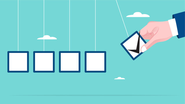 Completion of good work as a reference for carrying out other tasks, businessman's hand pulling a check box as a pendulum for reference for completing the next job concept vector illustration