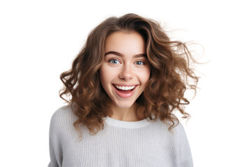 A young woman takes a selfie of herself to capture her impressions. Isolated on transparent background.