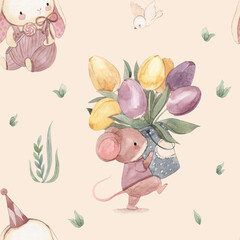 watercolor mouse with flowers seamless pattern illustration for kids