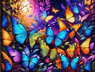 AI illustration of butterflies basking in sunlight amidst lush foliage and leaves