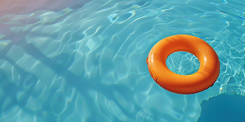 Orange inflatable ring floating in a swimming pool.  - obrazy, fototapety, plakaty