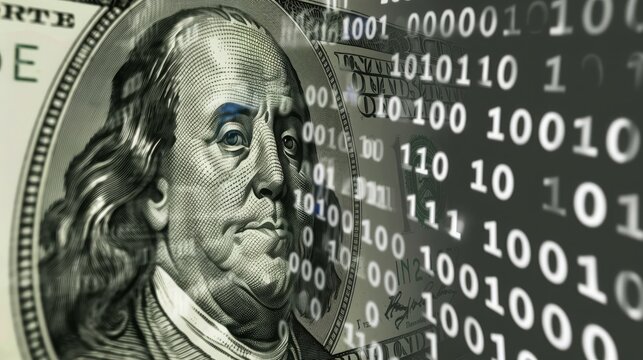 conceptual finance image of American one hundred dollar bill and binary code of one and zero