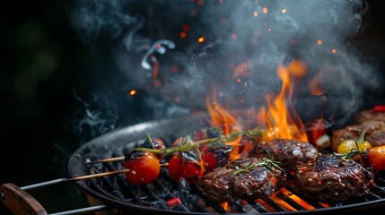 open flaming charcoal grill with various food items cooking on it, showcasing a summer grilling barbecue session with copy space