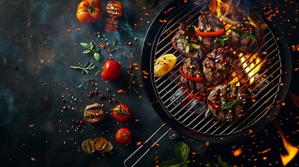 open flaming charcoal grill with various food items cooking on it, showcasing a summer grilling barbecue session with copy space