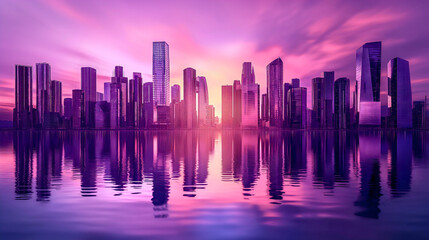 Fototapeta na wymiar Tall city skyscraper buildings architecture during the sunset, urban downtown skyline cityscape with pink sky, river water reflection. Panorama landscape of towers, evening twilight dusk horizon view