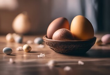 AI generated illustration of a bowl of eggs with scattered eggs on a table - obrazy, fototapety, plakaty