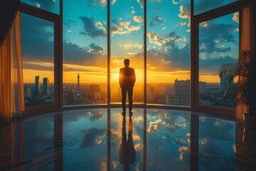 a man looking out of the window towards cityscape at sunset