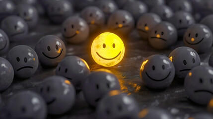 Bright happy yellow smiley glowing different amongst the crowd of gray unhappy, sad and depressed smileys. Cheerful and fun emoticon expression illustration concept, positive mood, mental health