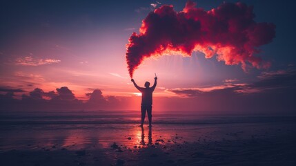 Ethereal Encounter: Man Embracing A Red Smoke Cloud on a Serene Beach