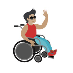Person sitting in a wheelchair waving at someone and wearing sunglasses