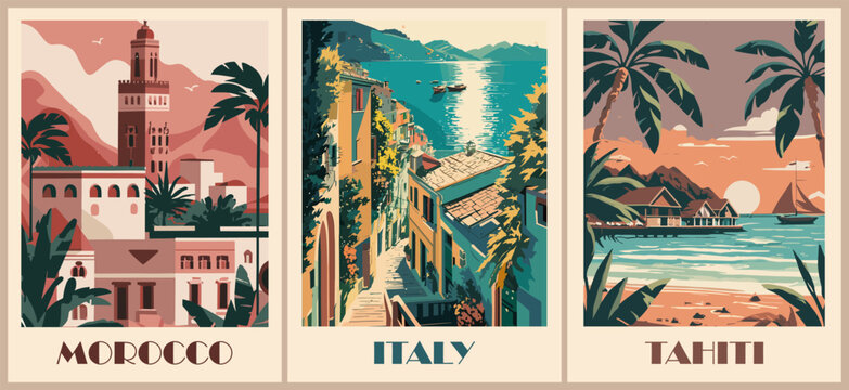 Set of Travel Destination Posters in retro style. Italy, Morocco, Tahiti digital prints. International summer vacation, holidays concept. Vintage vector colorful illustrations.