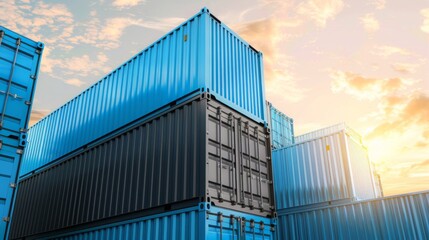 Stack of blue containers box, Cargo freight ship for import export logistics 3D rendering