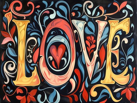 AI generated illustration of a vibrant painted artwork with the word "love" incorporated