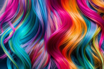 Vivid waves of turquoise, pink, and orange flow through hair in this image, ideal for beauty and fashion editorials focused on hair coloring trends.