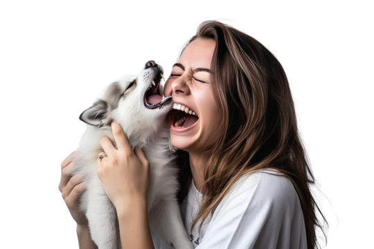 A young woman has fun playing with a pet. Isolated on transparent background.