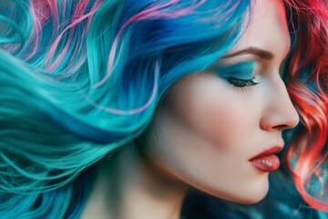 Fototapeta premium This vivid photograph showcases a profile view of a woman with striking turquoise and pink hair, perfect for artistic expression and creative beauty projects.