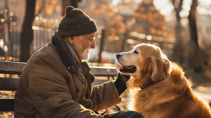 Senior old man sitting on wooden bench in autumn or fall city park on a sunny morning, smiling and holding a dog. Male pensioner retirement leisure time, together with animal pet outdoors, love
