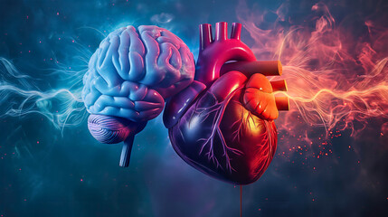 Human heart and mind or brain body organ connection psychology concept. Relationship between intelligence and love, choose between emotions and feelings and intellect reasoning. Red blue illustration