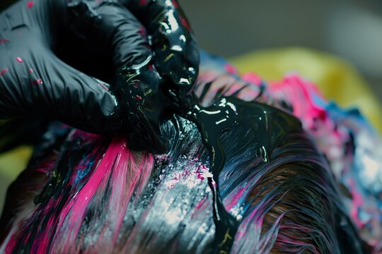 A detailed shot of a hair coloring process in a salon setting, featuring vibrant pink streaks, suitable for educational content on hair dye techniques.