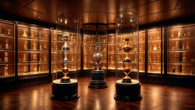 the room with a display case, glass and gold trophy cases