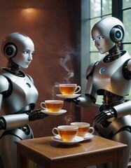 Two humanoid robots simulate a social tea break, one robot pouring hot tea into cups, showcasing a relatable, human-like interaction.