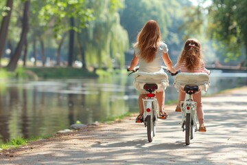 Serene Voyage: Two Women Embracing Nature on Bicycles by the River