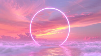 3d rendering, Neon Circle Frame in the Dramatic Sky, Futuristic Background.