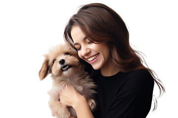 A young woman has fun playing with a pet. Isolated on transparent background.