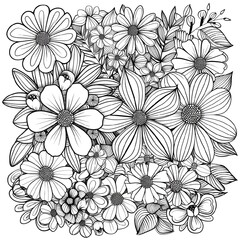 AI generated illustration of a coloring page with a variety of intricate flower designs