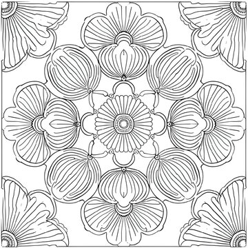 AI generated illustration of a monochrome floral coloring page with diverse patterns