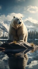 AI-generated illustration of a polar bear standing on a rock in the water